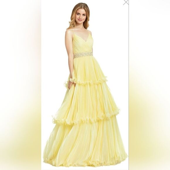 Mac Duggal 48857 Tiered Skirt Embellished Gown NWOT Size 0 Buttercup Yellow - Picture 1 of 5